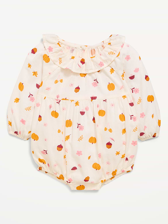 Printed Long-Sleeve Ruffle-Trim Romper for Baby