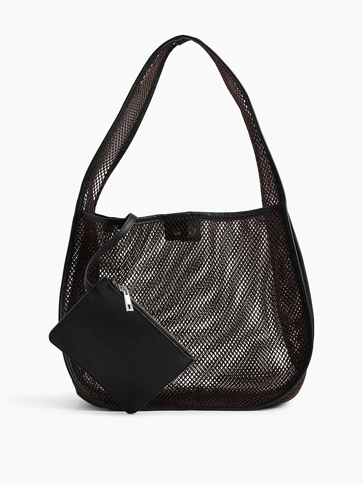 Image 1 of 4, This hobo bag is made with a mesh outer., Top shoulder strap., Snap button closure., Detachable wallet with zipper closure., Product #896451