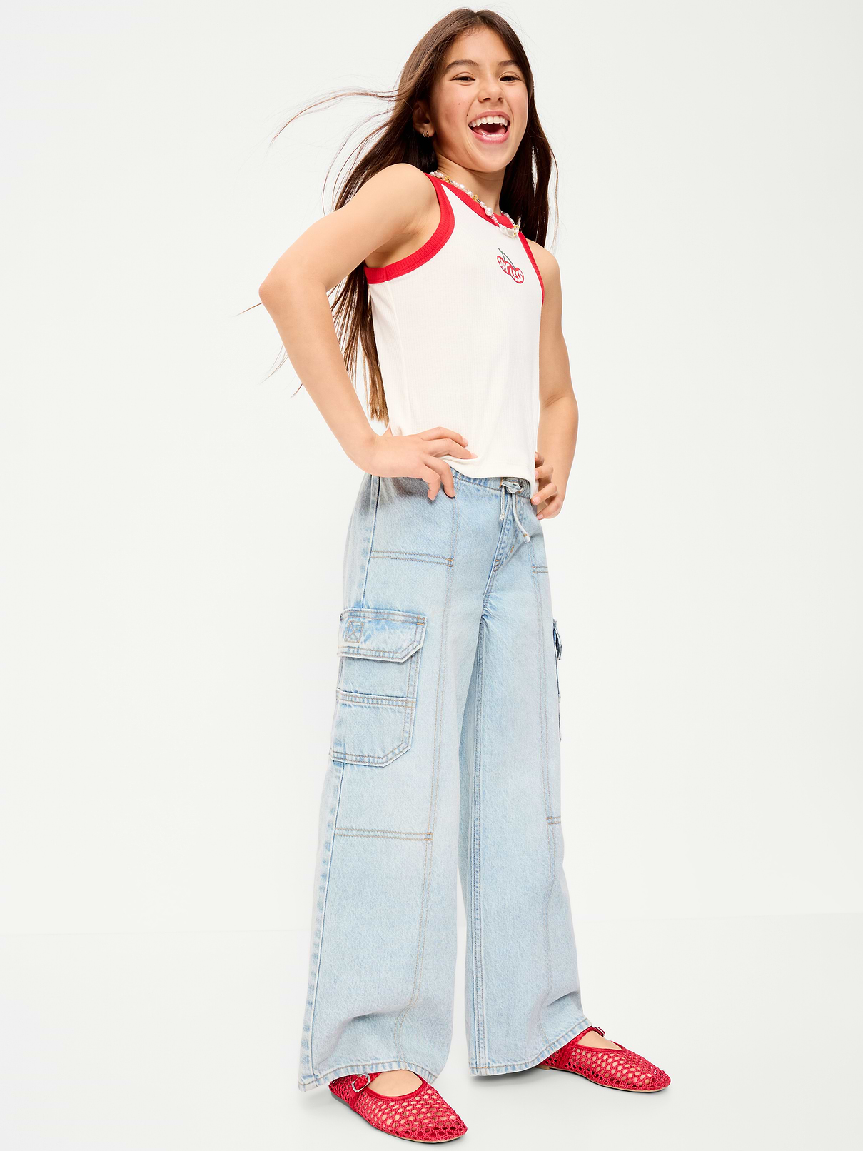 Image number 3 showing, Pull-On Low-Rise Super Baggy Wide-Leg Cargo Jeans for Girls