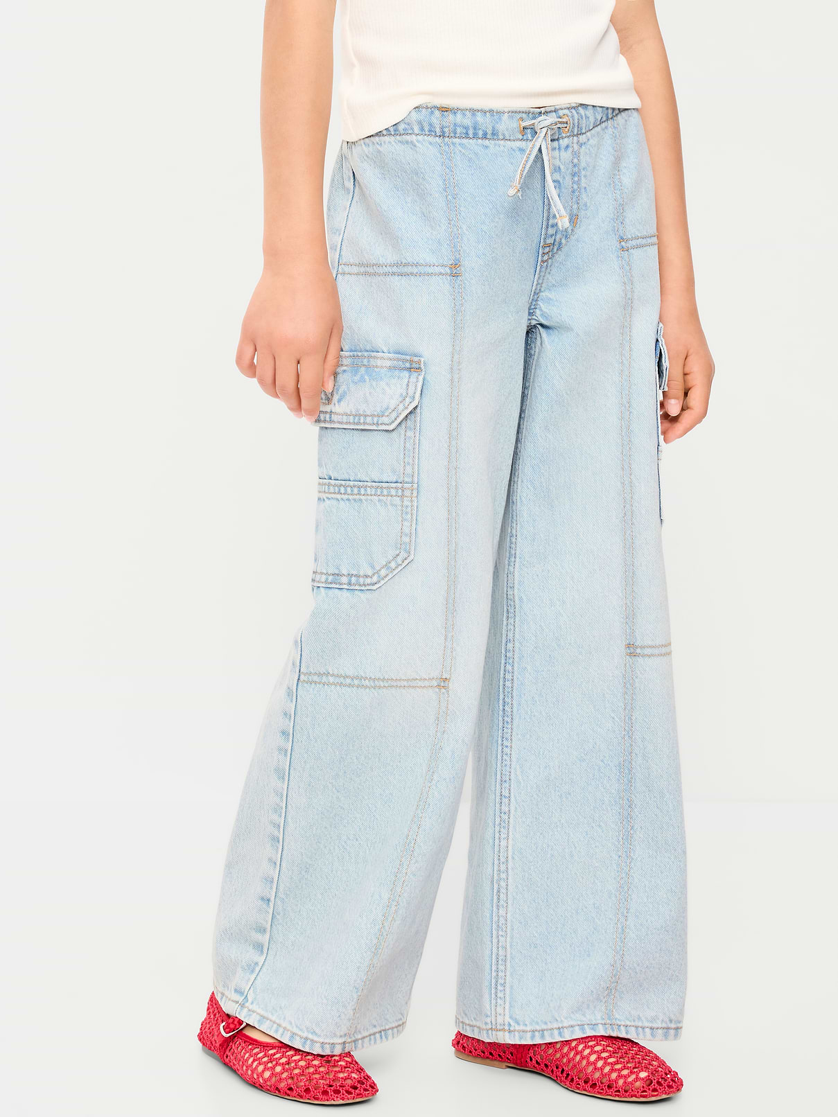 Image number 1 showing, Pull-On Low-Rise Super Baggy Wide-Leg Cargo Jeans for Girls