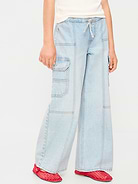Image number 1 showing, Pull-On Low-Rise Super Baggy Wide-Leg Cargo Jeans for Girls