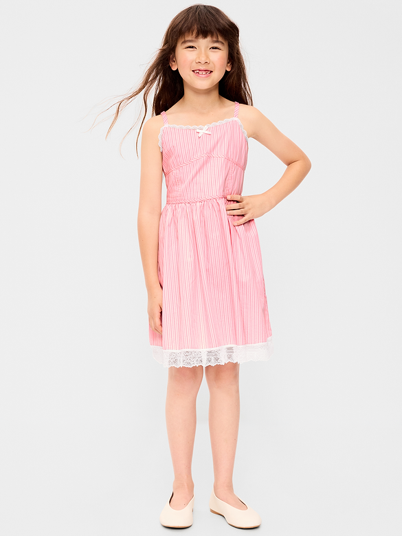 Sleeveless Fit and Flare Striped Lace-Trim Dress for Girls