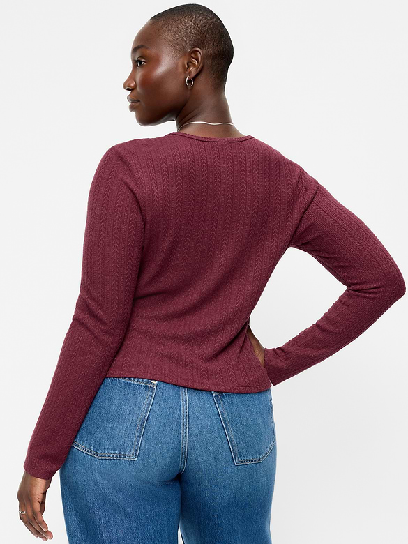 Long-Sleeve Button-Front Pointelle Top