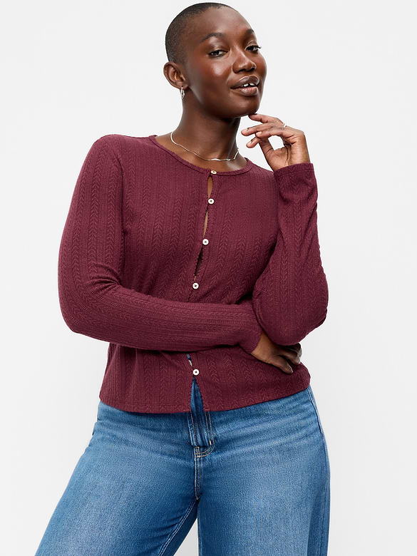Long-Sleeve Button-Front Pointelle Top