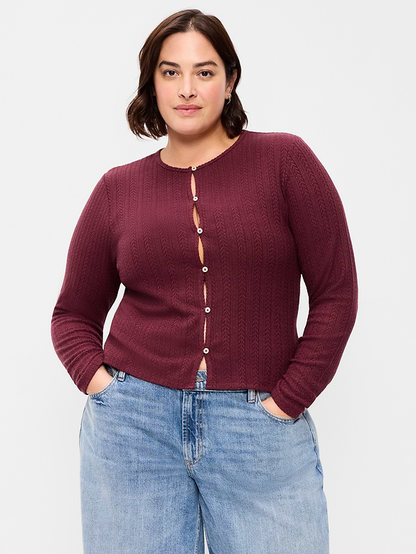 Long-Sleeve Button-Front Pointelle Top