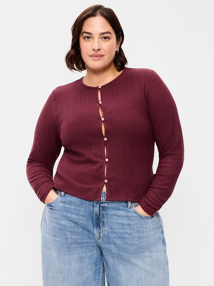 Image number 7 showing, Long-Sleeve Button-Front Pointelle Top