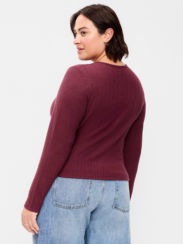 Long-Sleeve Button-Front Pointelle Top