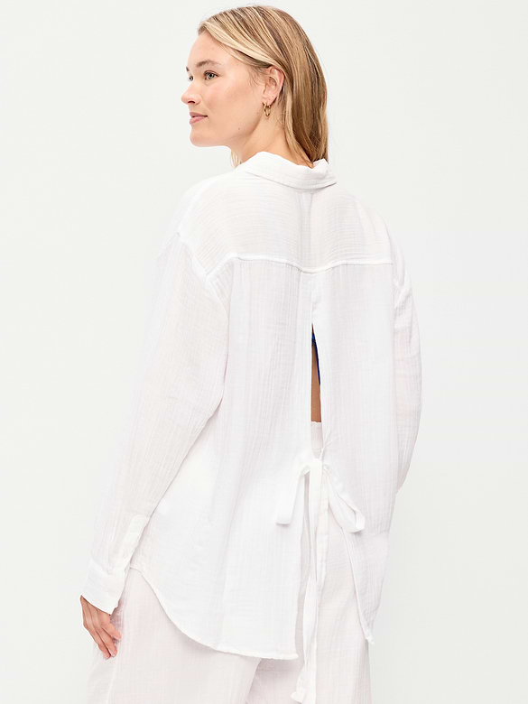 Open-Back Crinkle Gauze Button-Down Shirt