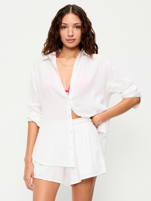Open-Back Crinkle Gauze Button-Down Shirt