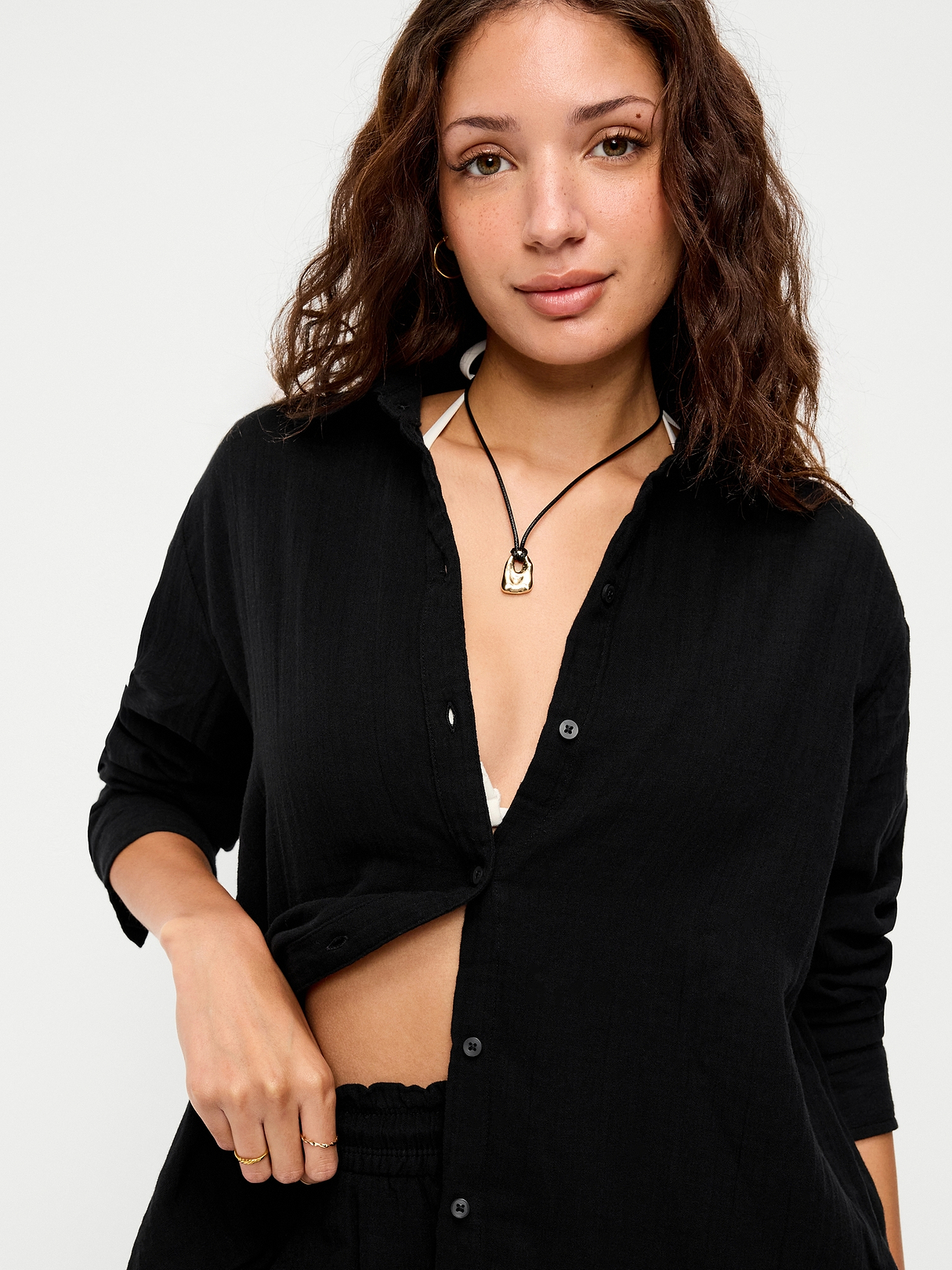 Open-Back Crinkle Gauze Button-Down Shirt | Old Navy