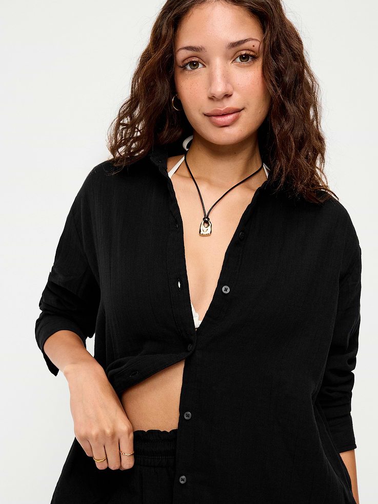 Image number 4 showing, Open-Back Crinkle Gauze Button-Down Shirt