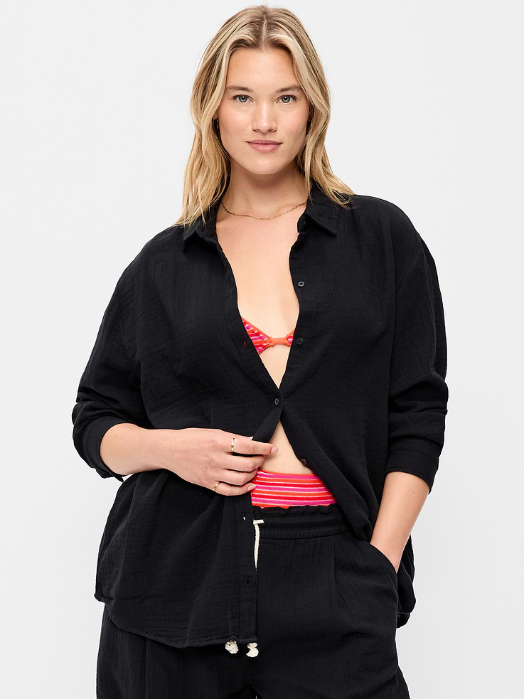 Image number 5 showing, Open-Back Crinkle Gauze Button-Down Shirt