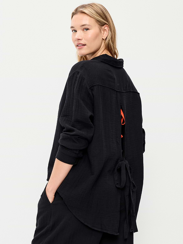 Open-Back Crinkle Gauze Button-Down Shirt