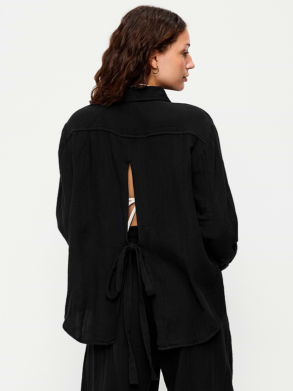 Open-Back Crinkle Gauze Button-Down Shirt