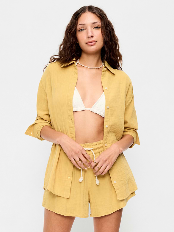 Open-Back Crinkle Gauze Button-Down Shirt