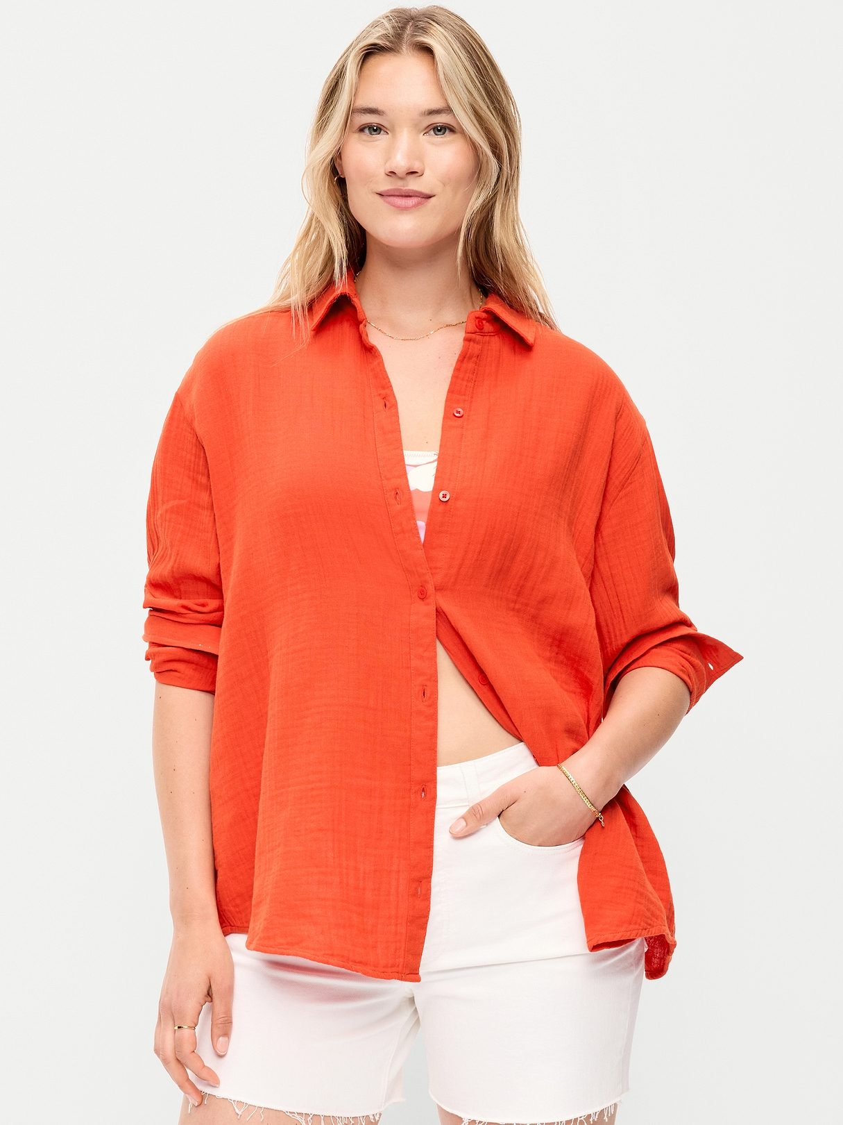 Open-Back Crinkle Gauze Button-Down Shirt | Old Navy