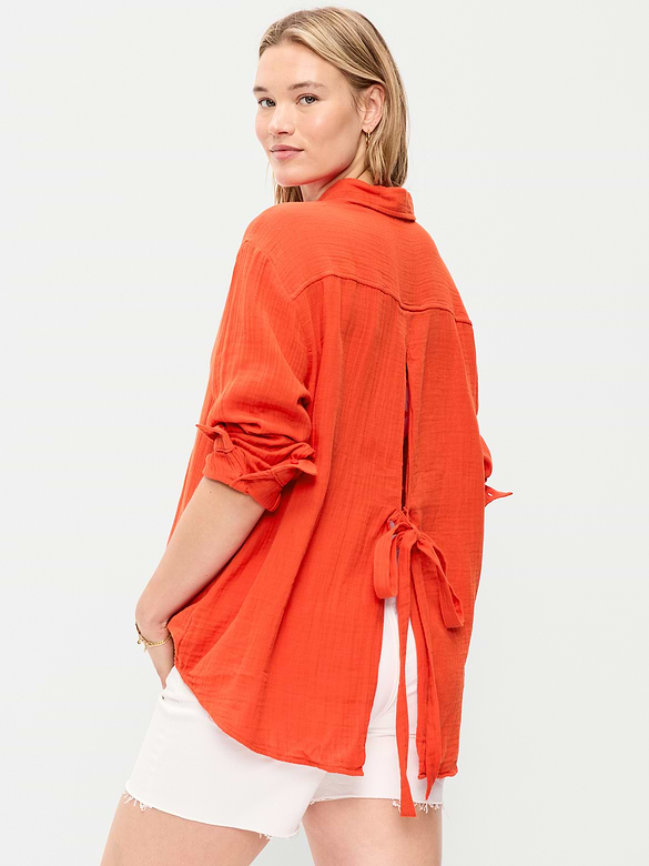 Open-Back Crinkle Gauze Button-Down Shirt