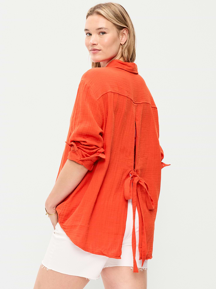 Image number 6 showing, Open-Back Crinkle Gauze Button-Down Shirt