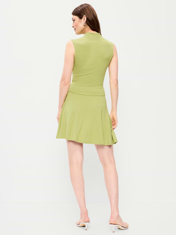 Gathered Mock-Neck Drop-Waist Mini Dress
