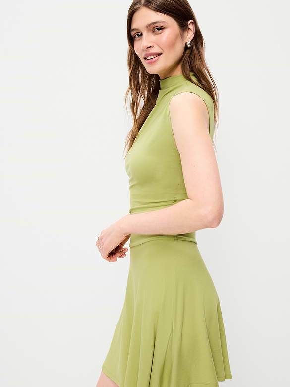 Gathered Mock-Neck Drop-Waist Mini Dress