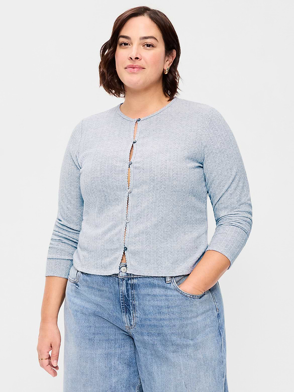 Long-Sleeve Button-Front Pointelle Top