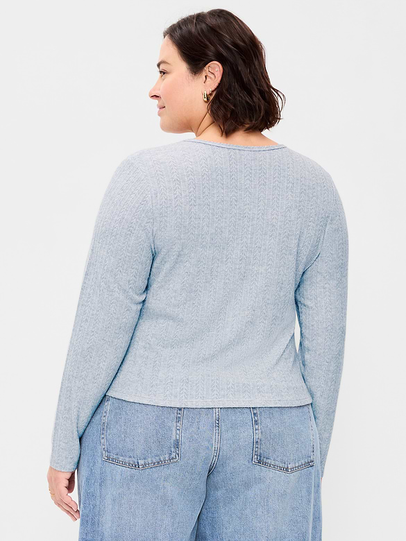 Long-Sleeve Button-Front Pointelle Top