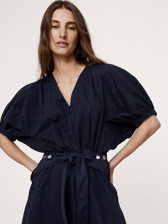 Robe mi-longue à manches bouffantes en sergé de coton