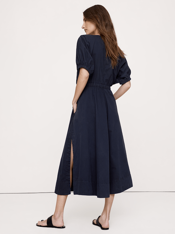 Robe mi-longue à manches bouffantes en sergé de coton