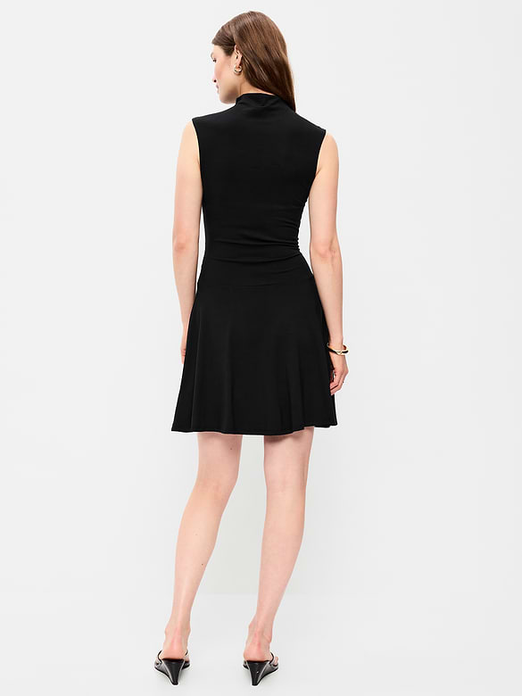 Gathered Mock-Neck Drop-Waist Mini Dress
