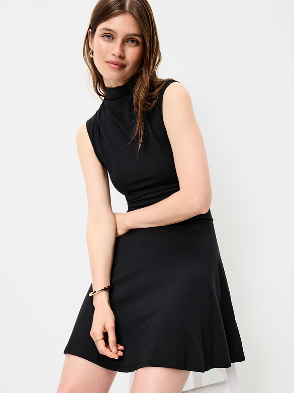 Gathered Mock-Neck Drop-Waist Mini Dress