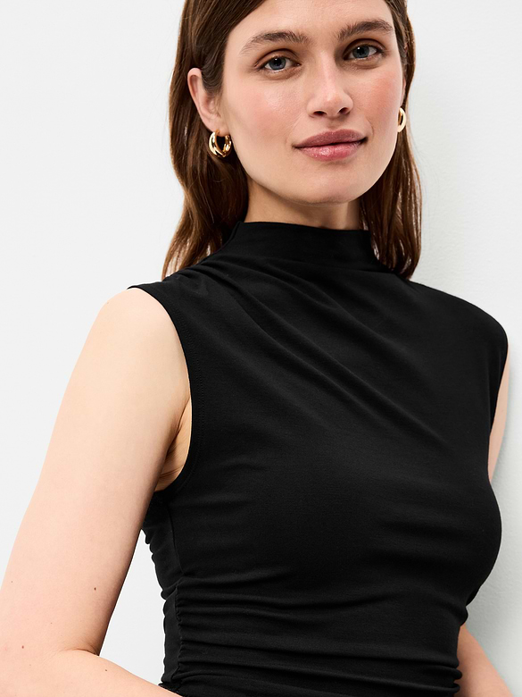 Gathered Mock-Neck Drop-Waist Mini Dress