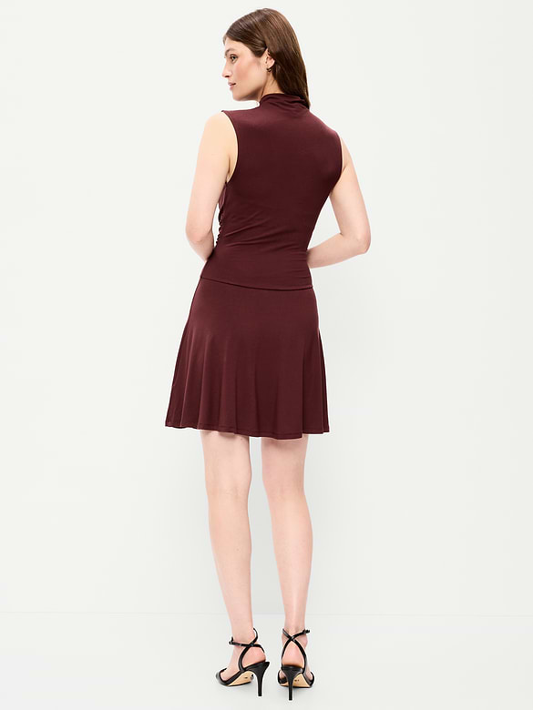 Gathered Mock-Neck Drop-Waist Mini Dress