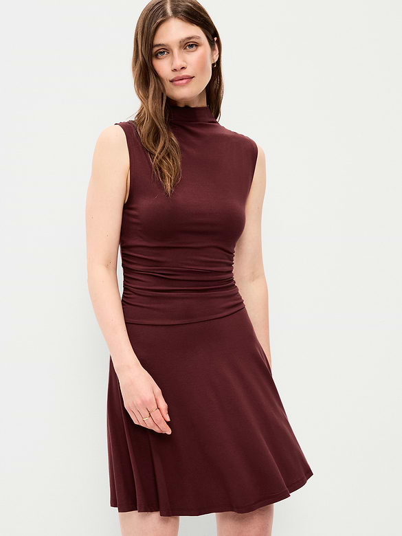 Gathered Mock-Neck Drop-Waist Mini Dress