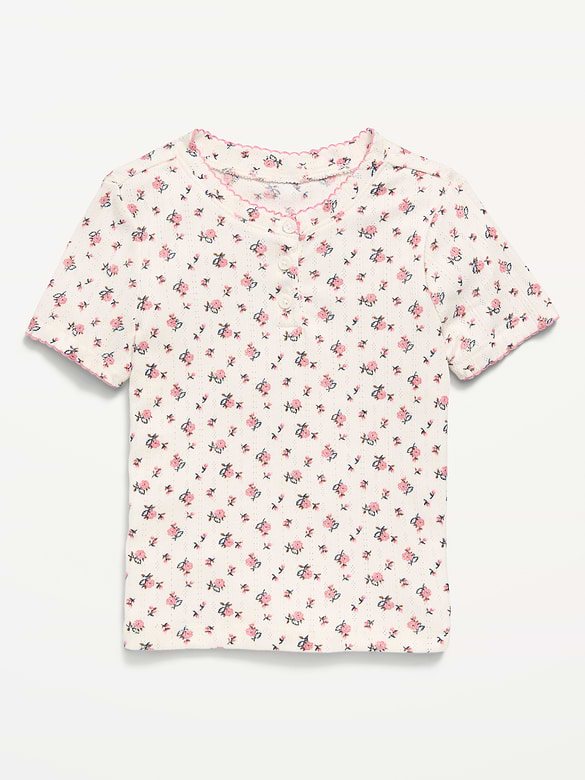Printed Short-Sleeve Pointelle-Knit Top for Toddler Girls