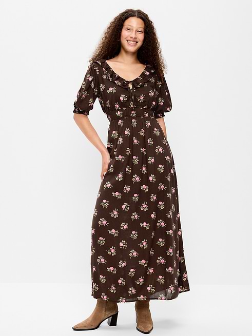 old navy brown dress Casual Midi By In Brown, Size: L shirred v Old Navy Women's Ruffle-Collar Boho
