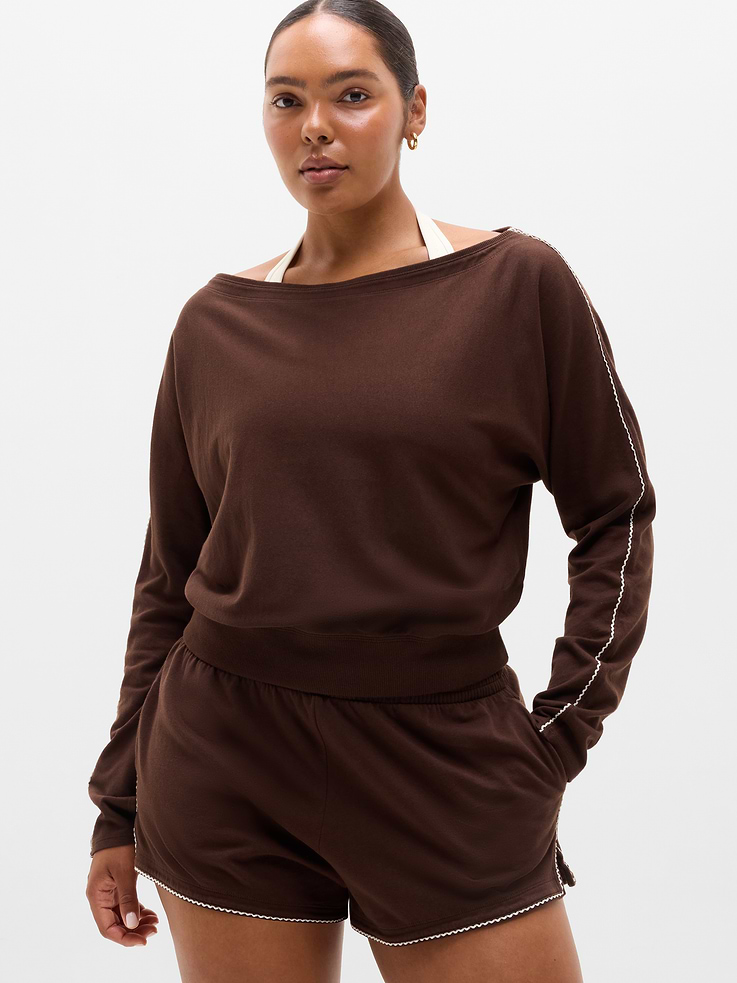Image number 1 showing, Airy Cotton Terry Boatneck Picot Sweatshirt