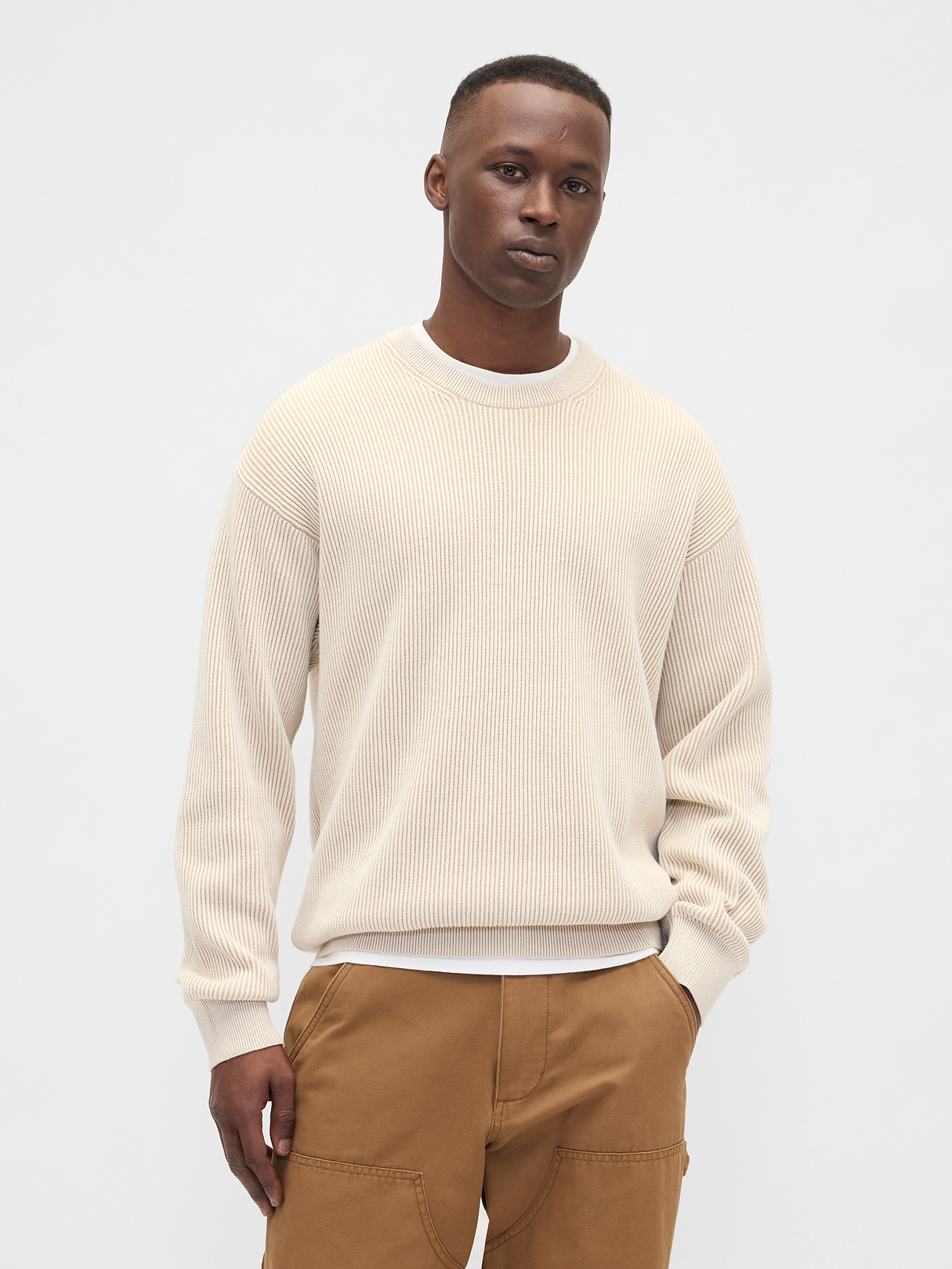 トップス GOLDEN  BOYFRIEND C/N COTTON KNIT Oversized Fisherman-Stitch Crewneck Sweater | Gap Factory