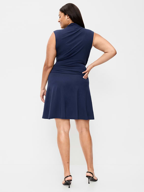 Gathered Mock-Neck Drop-Waist Mini Dress