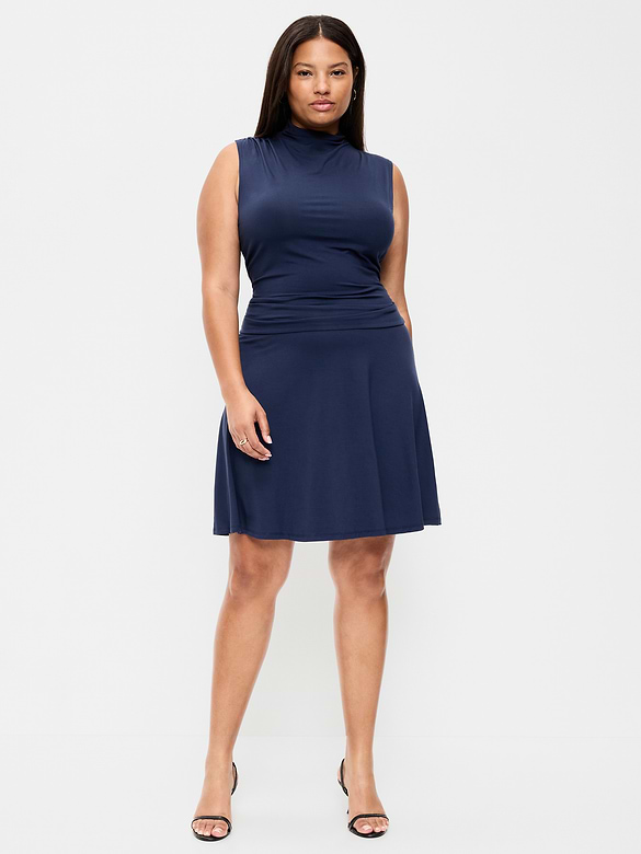 Gathered Mock-Neck Drop-Waist Mini Dress