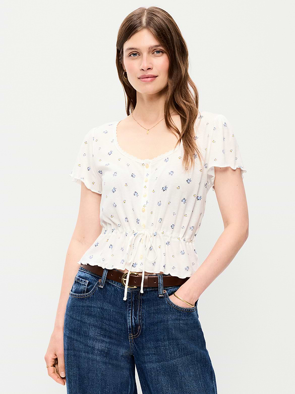 Lace-Trim Button-Down Top