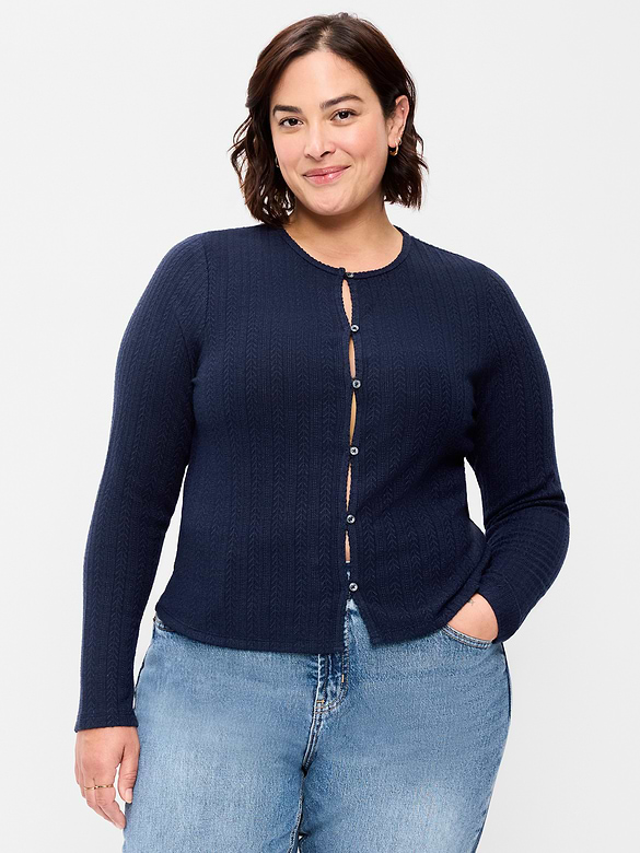 Long-Sleeve Button-Front Cutout Pointelle Top