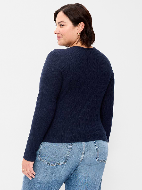 Long-Sleeve Button-Front Cutout Pointelle Top