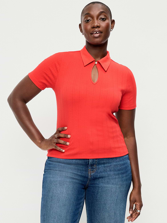 Ribbed Keyhole Polo Top