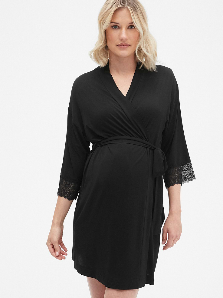 Image number 1 showing, Maternity Softest Modal Lace-Trim Robe