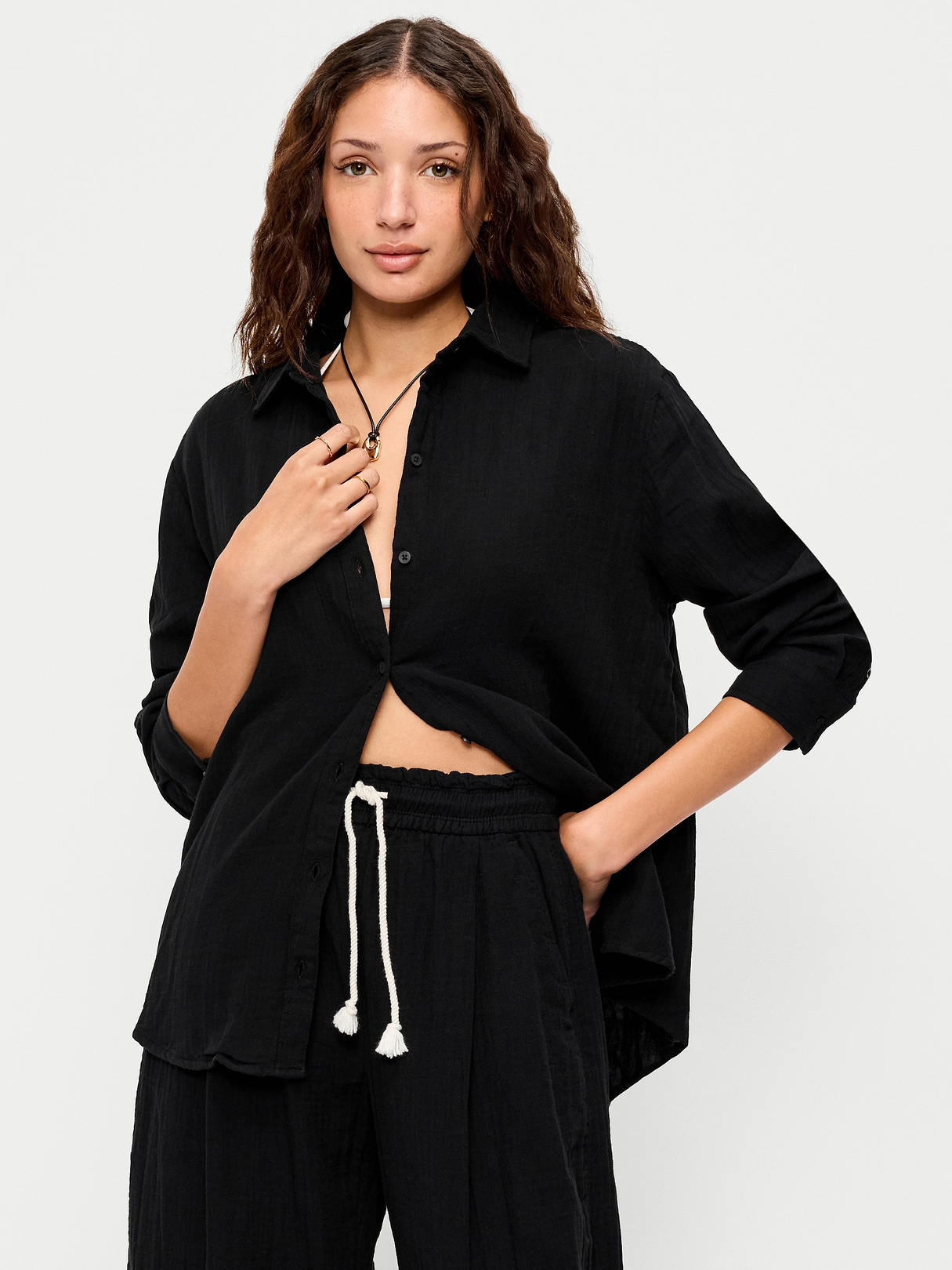 Open-Back Crinkle Gauze Button-Down Shirt | Old Navy