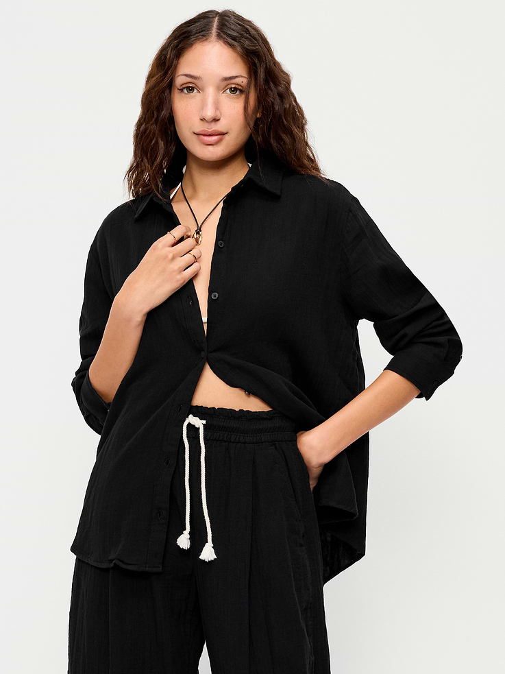 Image number 1 showing, Open-Back Crinkle Gauze Button-Down Shirt