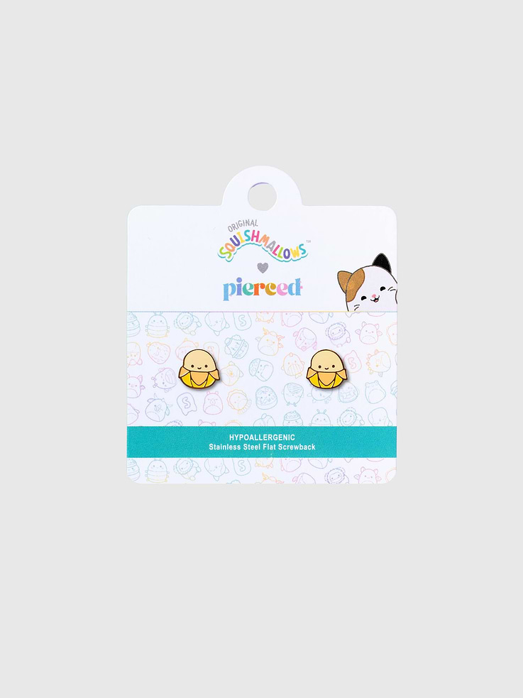 Image 1 of 2, Bring the huggable charm of Squishmallows to your ears with these screwback earrings., High-quality Junie the Banana studs made for girls with sensitive ears, perfect for fruity backyard fun., Designed for comfort and durability, these yellow enamel earrings feature a charming flat screw-back style that’s both safe and playful for any sunny occasion., Perfect for fans of all ages, these earrings combine playful design with Pierced Co's commitment to comfort and safety., Express your love for Squishmallows with earrings that feel as good as they look.
