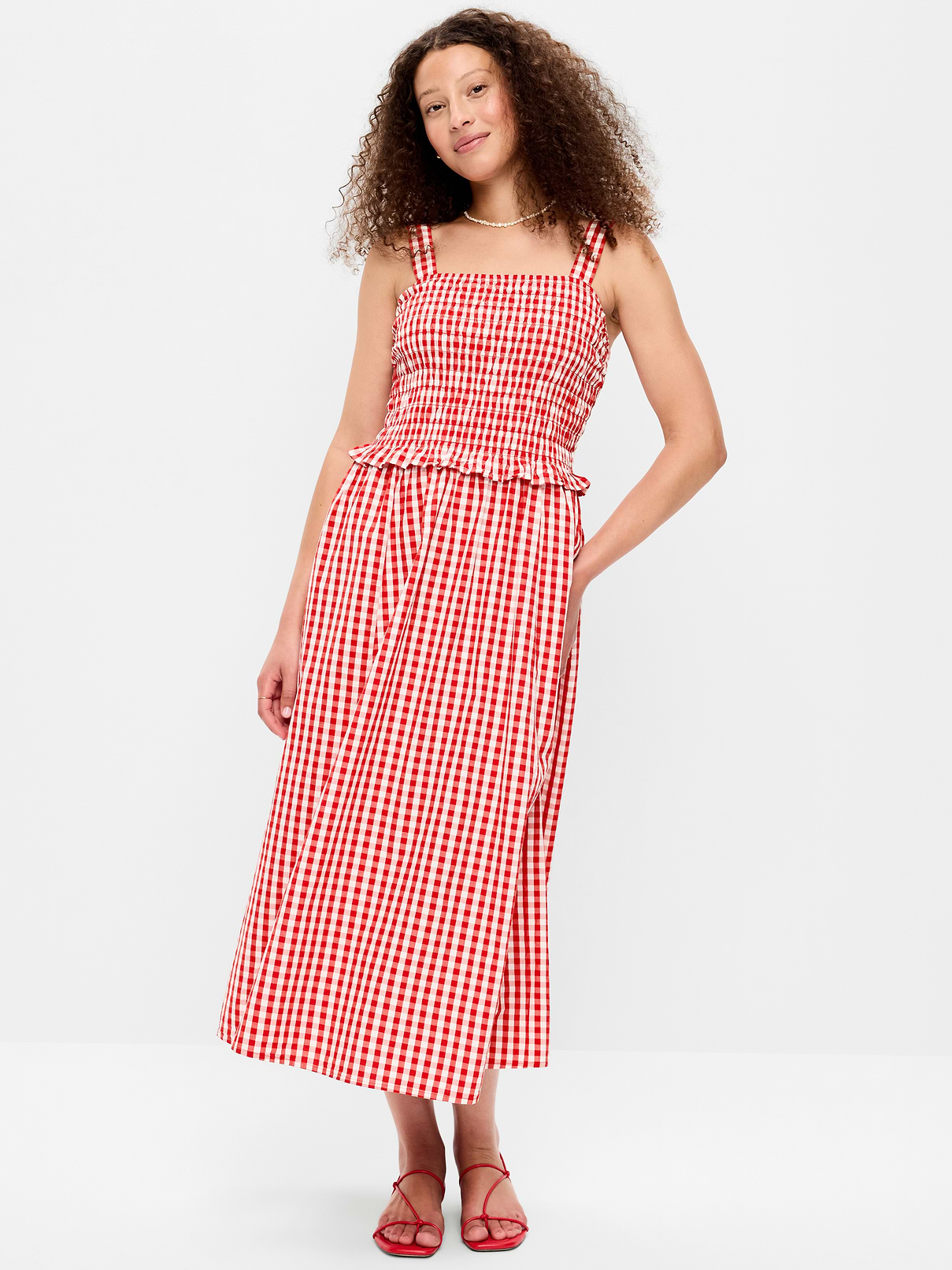 red and white dress Hibiscus Kiss Tie Front Midi – Floral Ruffle Summer Dress Machine Washable Size between all the preparation and