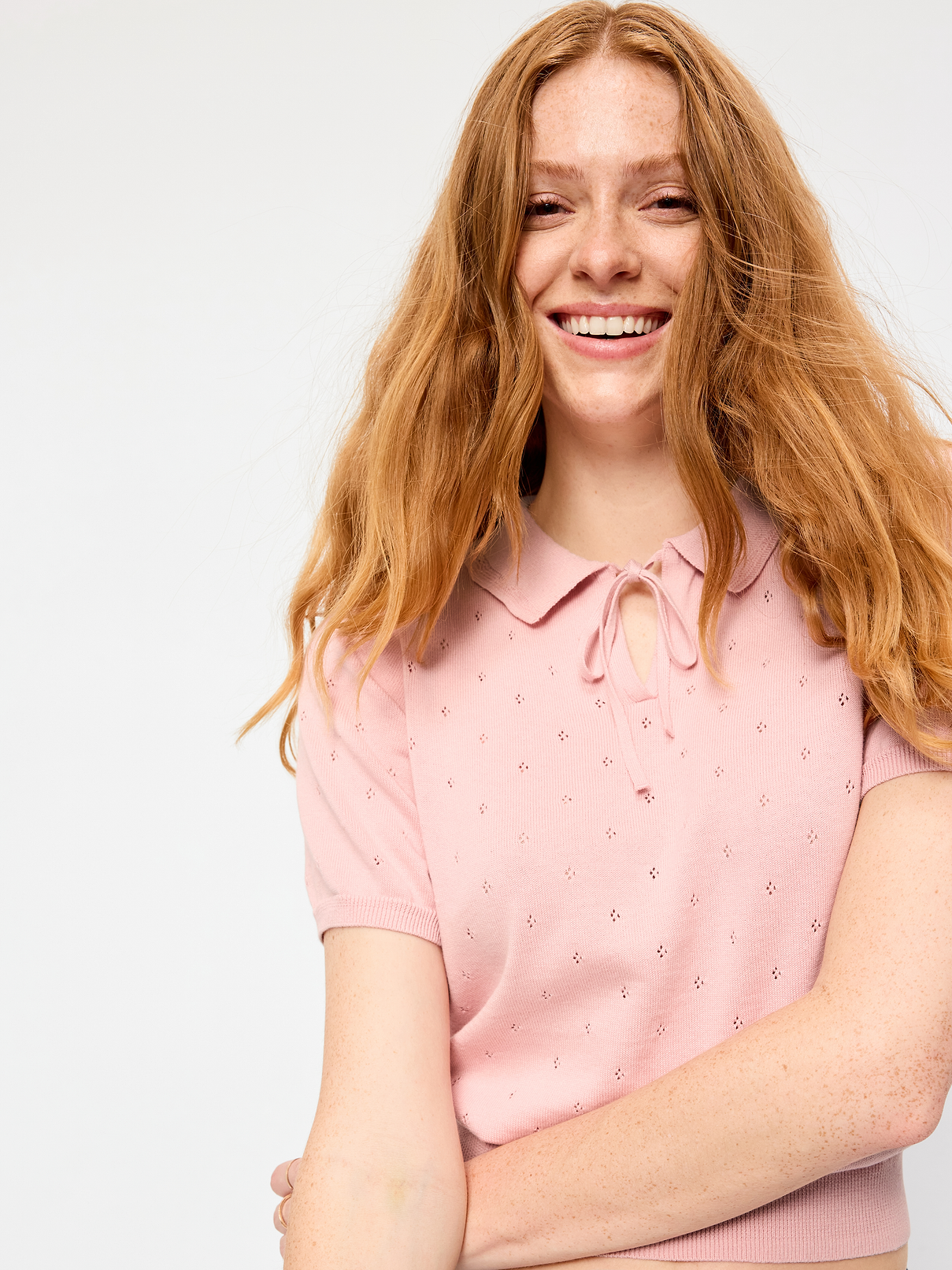 Image number 3 showing, Tie-Front Seaside Cotton Pointelle Cropped Polo