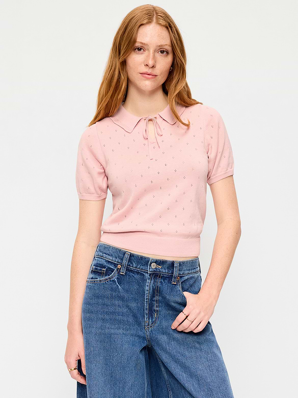 Tie-Front Seaside Cotton Pointelle Cropped Polo
